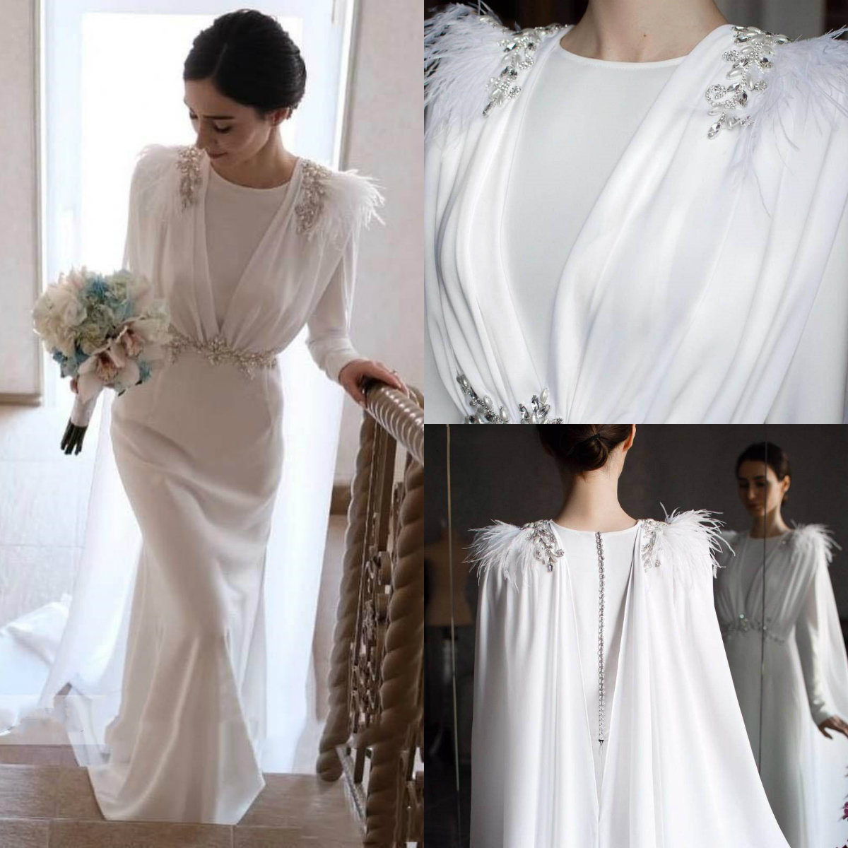 Elegant White A Line Wedding Dresses with Wrap Jewel Neck Crystal Beaded Bridal Gowns Ruched Chiffon robes de mariée
