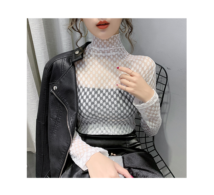 New womens sexy turtleneck long sleeve perspective gauze lace spring autumn t-shirt tops SML