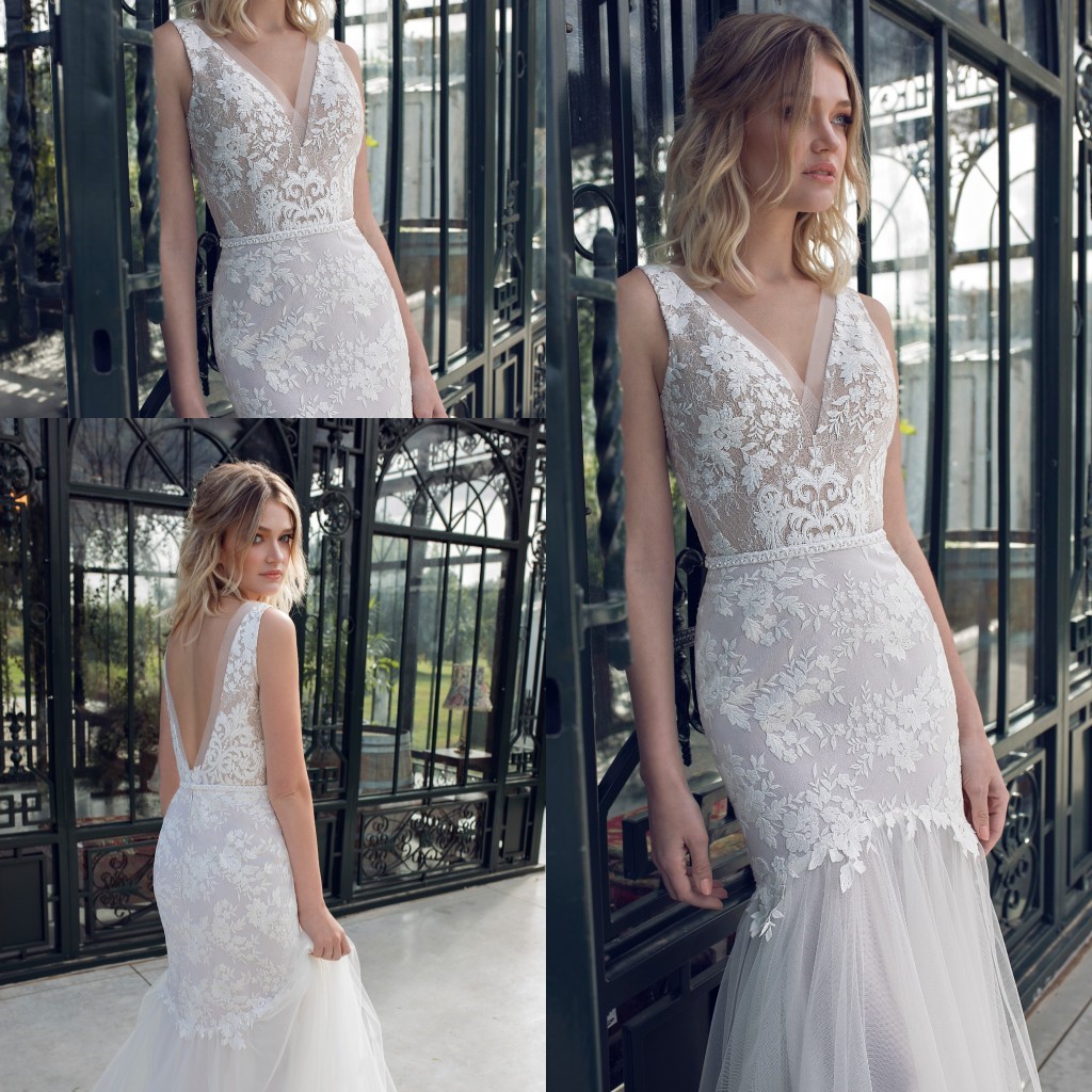 Limor Rosen Mermaid Wedding Dresses Sheer V Neck Lace Appliques Front Split Bridal Gowns Sweep Train Beach Wedding Dress