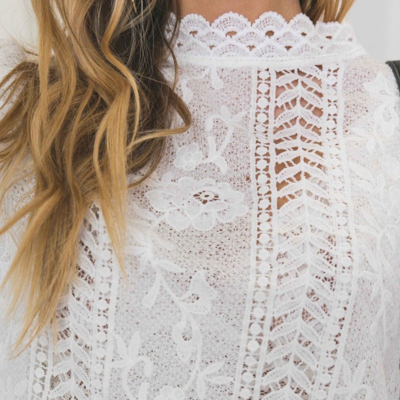 White Lace Hollow Out Turtleneck Blouse - Long Sleeve, Elegant, Solid, Casual, Women's Tops & Blouses For B4