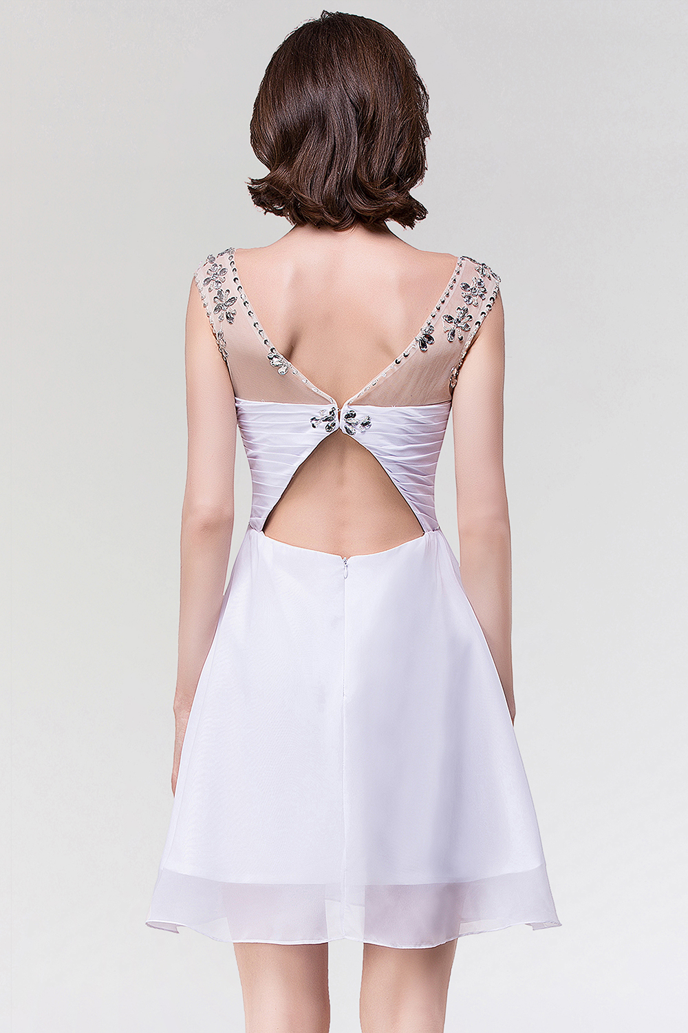 Rhinestones Beaded Short Homecoming Dresses Sheer Crew Neck Chiffon Backless Mini Cocktail Party Gown Formal Prom Wear CPS094