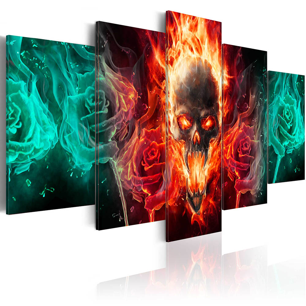 5 Panel Unframed Printed Skulls Flame Flower Canvas Painting Home Decor Wall Art Personalized Colorful Poster Pictures