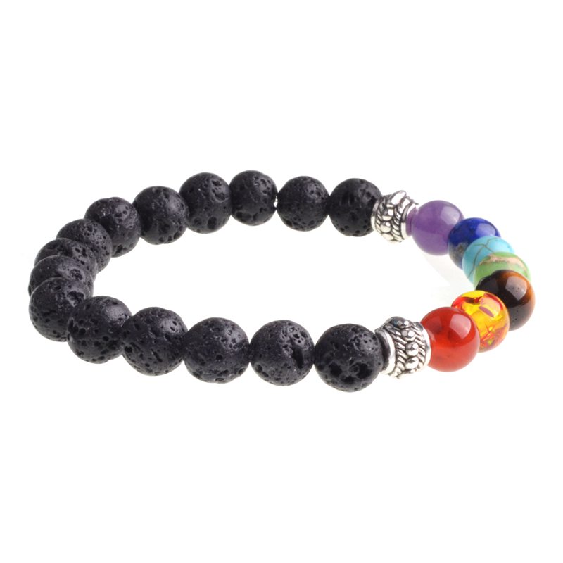 Black Lava Stone Jewelry 7 Chakra Bracelets Strands 8mm Yinyang Rock Bead Elastic Natural Stones Gemstones Yoga Menditation Beads for Men Women Girls
