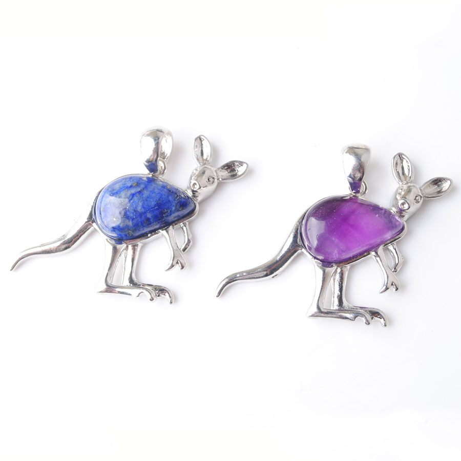 WOJIAER New Cute Animal Kangaroo Pendant Necklaces Water Drop Natural Stone Pink Quartz Crystal Fashion Jewelry for Women Girls BE907