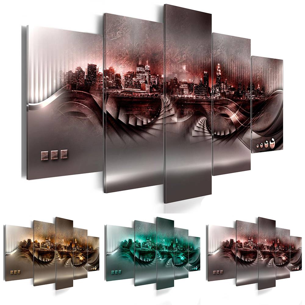 Fashion Wall Art Canvas Painting 5 Pieces Abstract City Architecture Night View Modern Home Decoration,Choose Size:3 No Frame