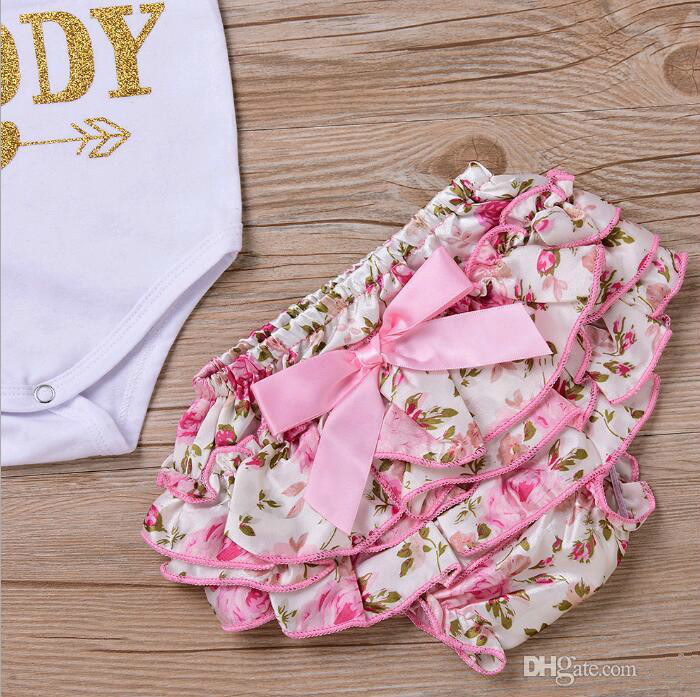 Promotion Newborn Baby Clothing Sets Kids Clothes Letter Print Romper Broken Flower Ruffled Bow Shorts Suits For Infant Toddlers Dresses