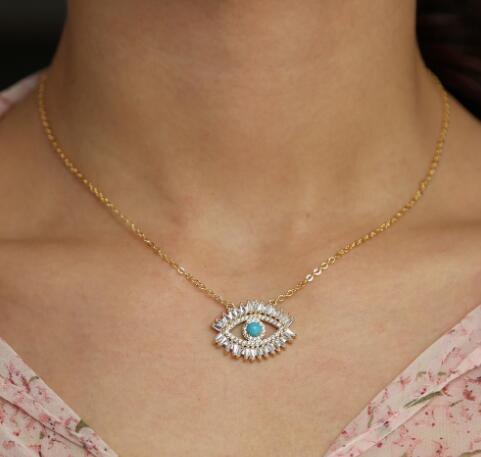 8k gold plated Turkish evil eye necklace lucky girl gift Baguette cubic zirconia turquoise geomstone top quality evil eye jewelry GD117