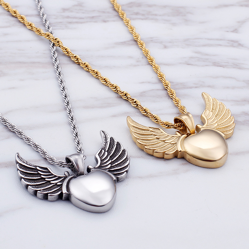 Women Men Hip Hop Heart Shape Angel Wings Pendants Necklace 316L Stainless Steel 18K Gold Plated Jewelry