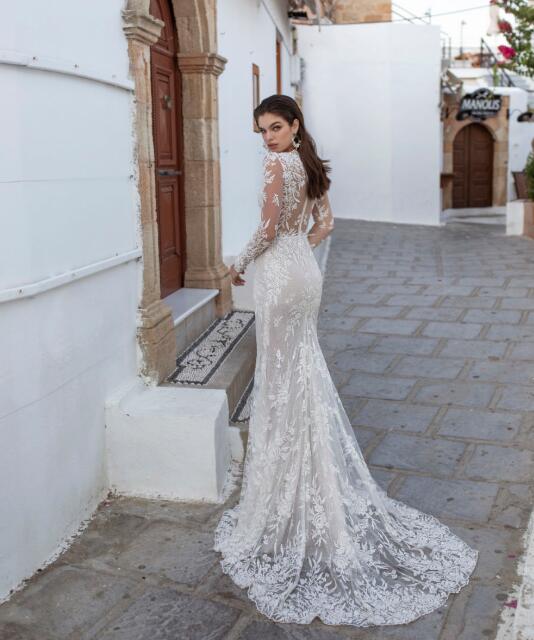 Lian Rokman Mermaid Wedding Dresses 2020 V Neck Lace Applique Sequins Beach Wedding Dress Bridal Gowns Long Sleeve Robes De Mariée