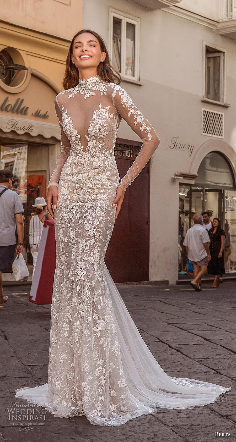 mermaid wedding dresses high neck appliqued sequins long sleeves bridal gown open back ruffle sweep train vestidos de novia