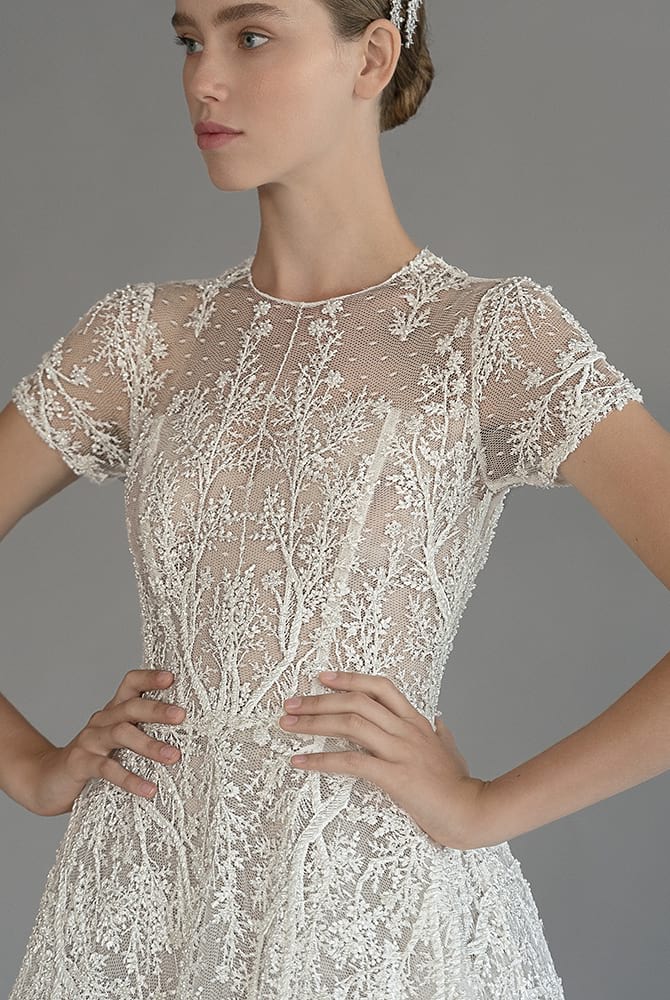 Modern A Line Chana Marelus Wedding Dresses Jewel Neck Short Sleeve Applique Sash Wedding Gowns Floor Length robe de mariée