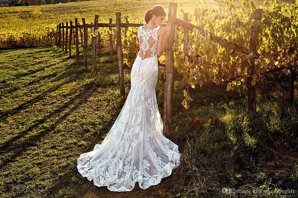 Sexy Illusion Back Lace Mermaid Wedding Dresses 2020 Eddy K Straps Deep V Neck Appliques Tulle Summer Garden Bridal Gowns