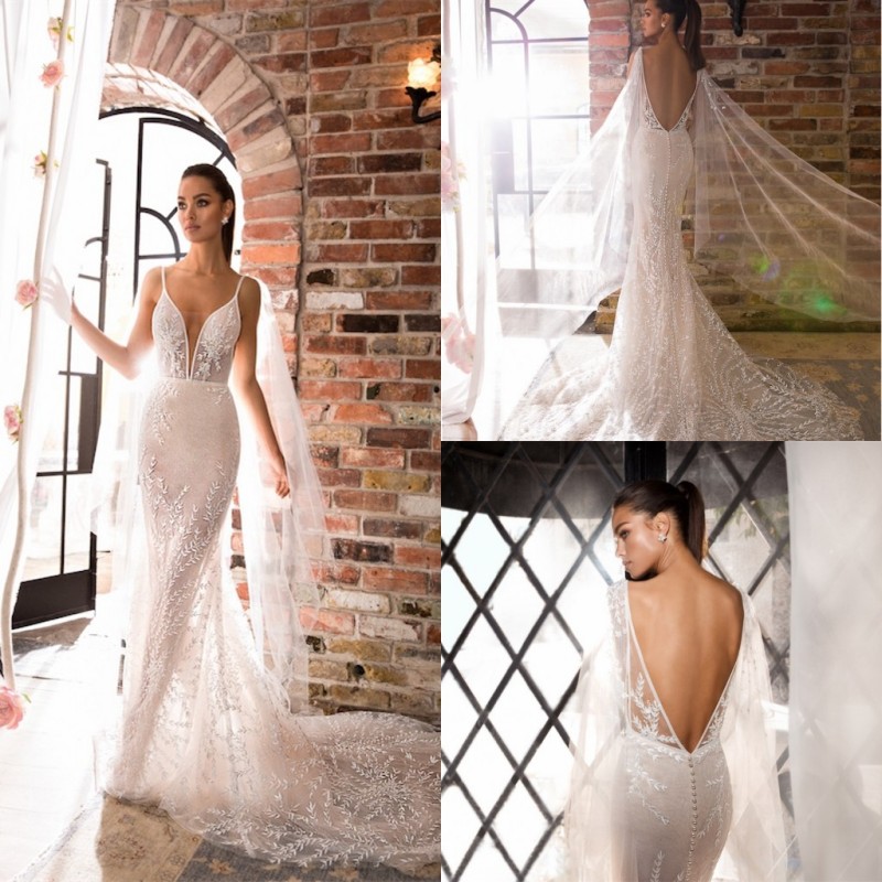 elihav sasson mermaid wedding dresses with wrap sexy spaghetti neck full lace backless sweep train trumpat bridal gowns