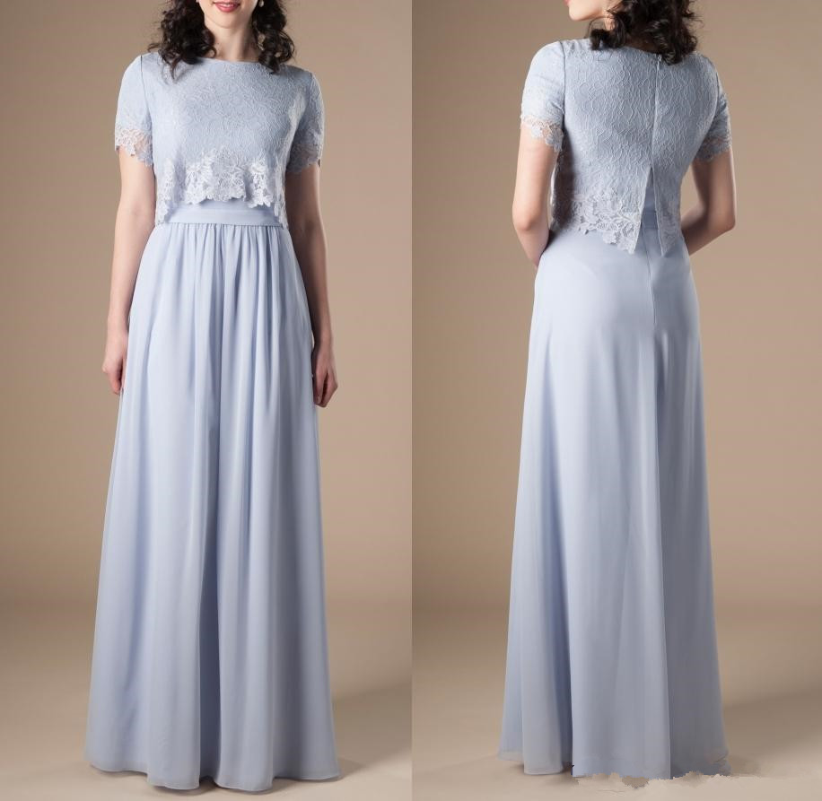 Sky Blue Long Modest Bridesmaid Dresses With Short Sleeves Lace Top A-Line Formal Boho Rustic Religious Wedding Party Dress Z43 0510
