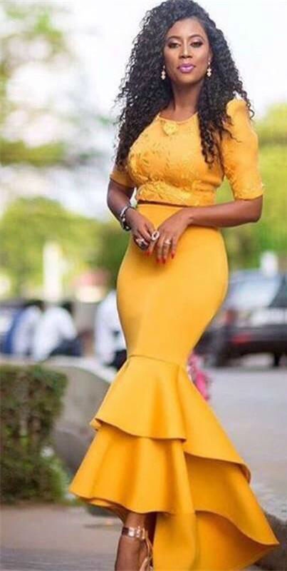 Elegant Arabic Mermaid Prom Dresses with Half Sleeve Lace Applique Tiered Skirts Hi Lo Evening Party Gowns Plus Size Formal Dresses