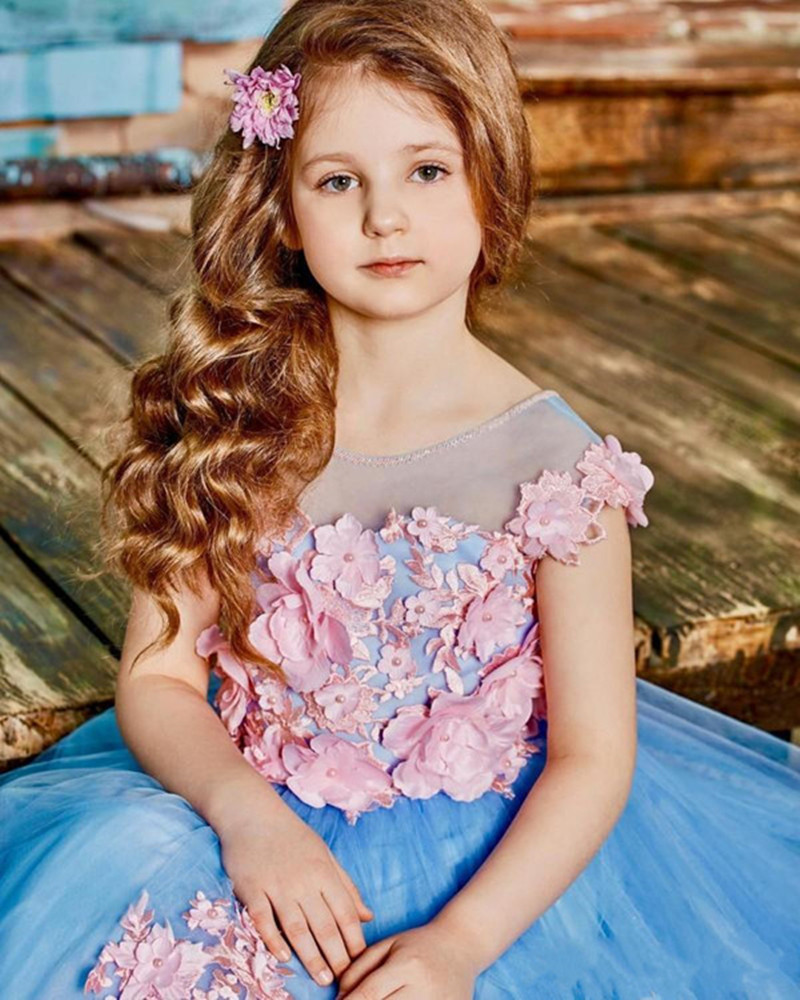 Cute 2020 Flower Dresses Lace Jewel Short Sleeve Wear For Wedding Floor Length Pink Pearls Girls Party Dress 0508