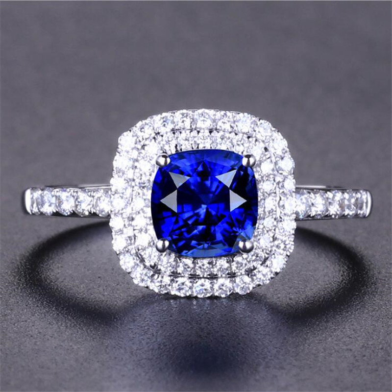Top Selling Popular Luxury Jewelry 925 Sterling Silver Cushion Shape Blue Sapphire CZ Diamond Gemstones Pave Promise Women Wedding Ring Gift