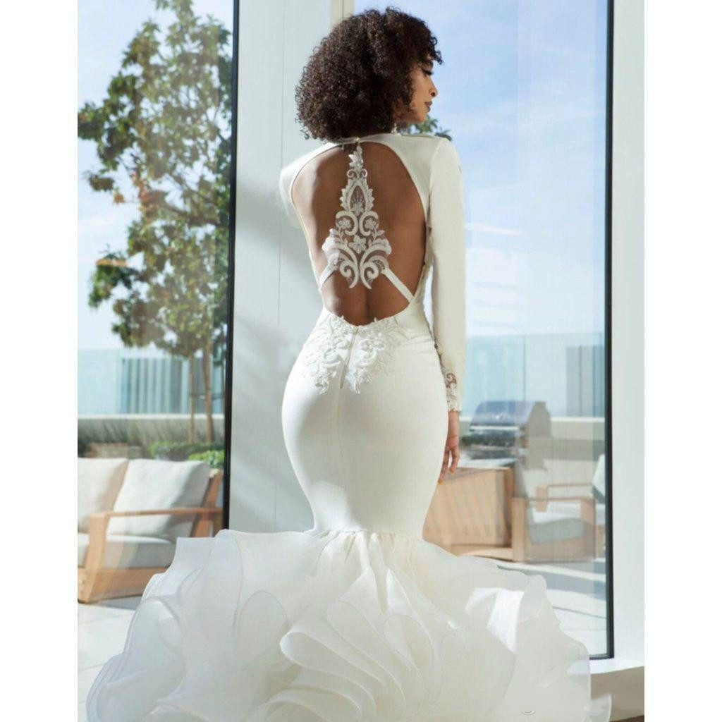 Sexy Open Back Mermaid Wedding Dresses Turkey Tiered Tiers Lace Ruffles Deep V Neck Long Sleeves Bridal Gowns African Puffy Fishtail Bride Dress Plus 