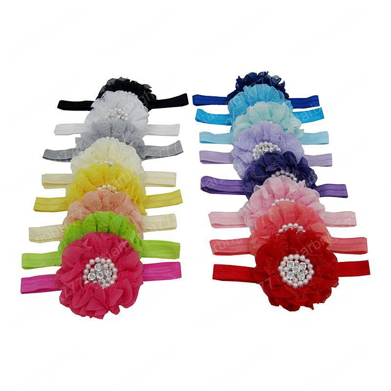Hot selling Baby Headbands Flower Rhinestone Pearl Rose Children Hairbands Girls Headdress Infant Kids Chiffon Hair Accessories