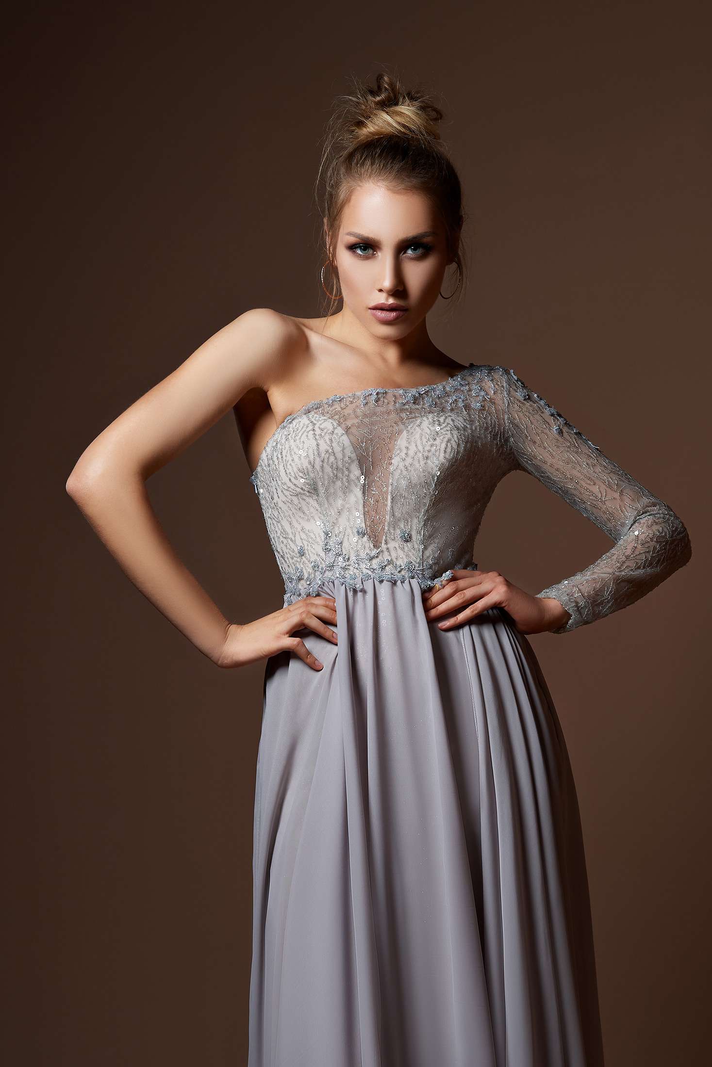 Gray One Shoulder Prom Dresses Long Sleeve Sequins Beads Split Chiffon Evening Gowns Plus Size Special Occasion Party Dress Abendkleider