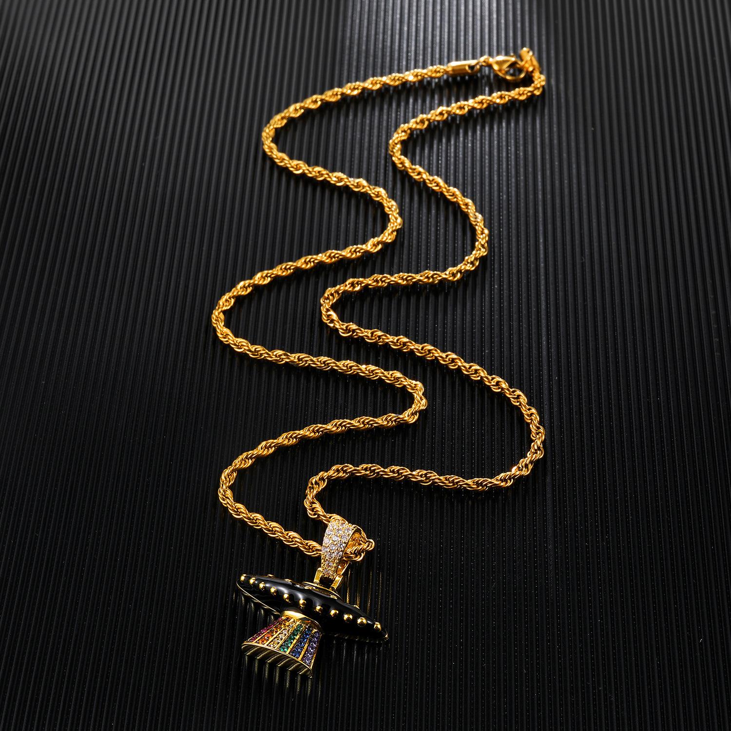 New Fashion Gold Plated Colorful CZ Cubic Zirconia Mens Womens UFO Pendant Cartoon Chain Necklace Personalized Hip Hop Jewelry Gifts for Men