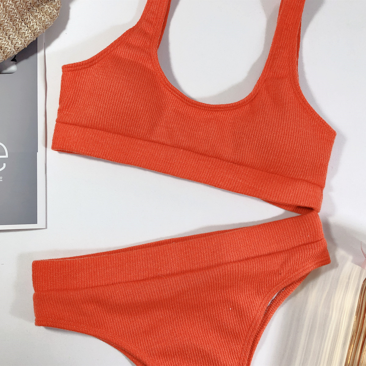 Cropped Top Knitted Swimsuit Two Pieces Bikinis Set 2020 New Summer Swimwear Women Vintage Solid High Waisted Bathing Suits