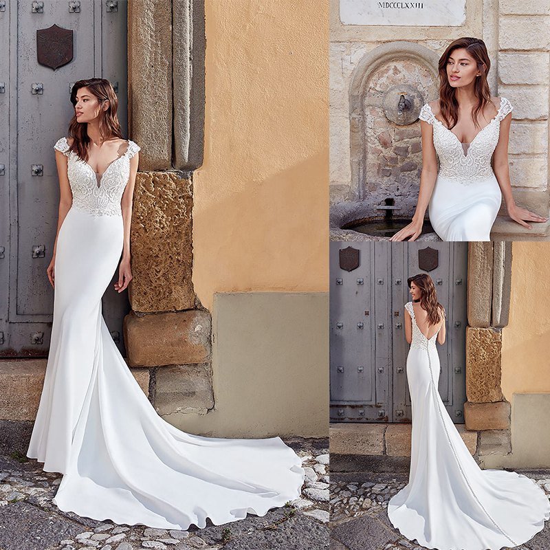 2020 Eddy K Mermaid Wedding Dresses Lace Appliques V Neck Cap Sleeve Trumpet Wedding Dress Sweep Train Backless Plus Size Robe De Mariee