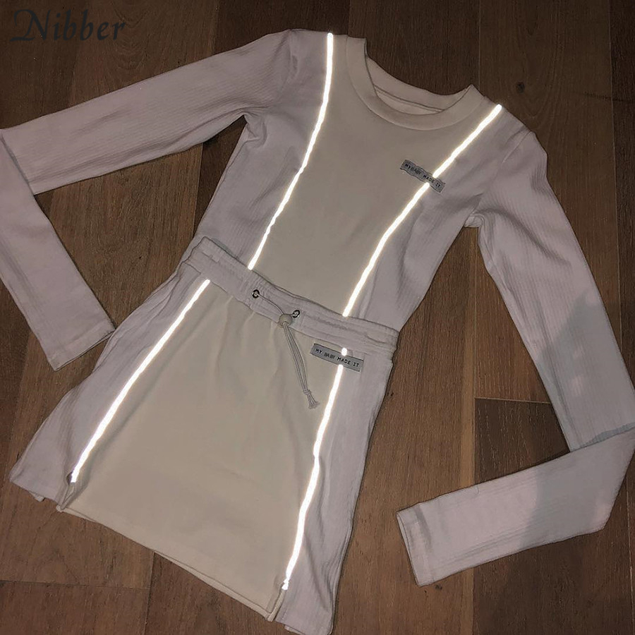 Nibber fashion Reflective patchwork sportswear 2pieces sets femme 2019new white knitting tops women tee mini shirts skirts suits V191129