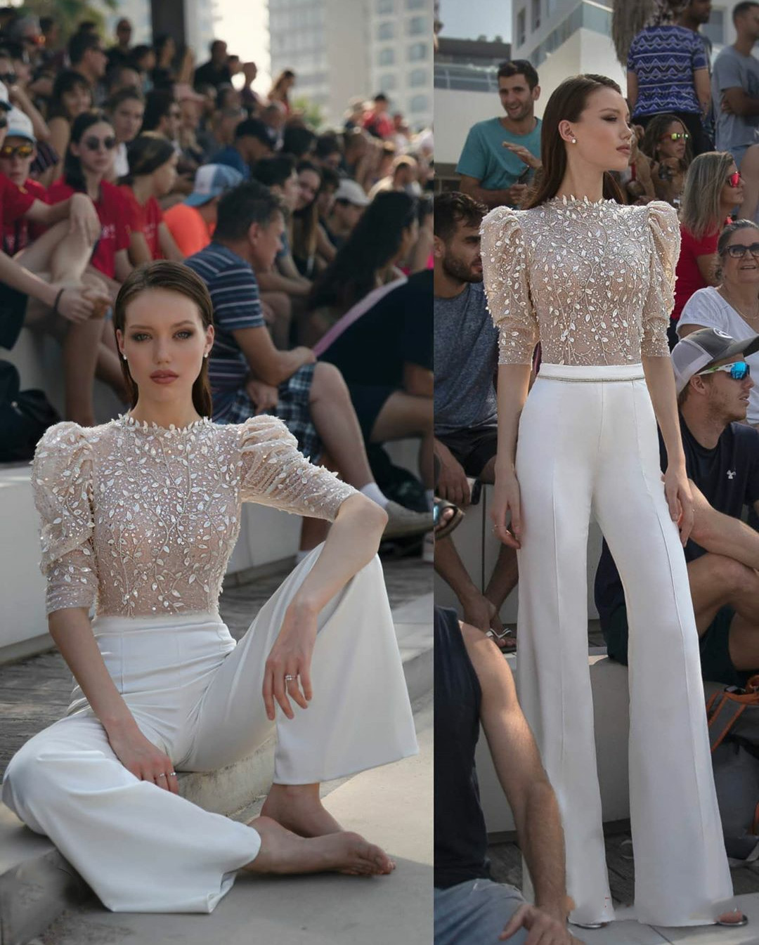 2020 Modern Illusion Top Prom Dresses Lace Appliqued Jewel Neck Women Pant Suits Evening Gowns Runway Fashion