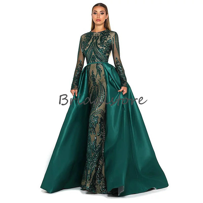 New Green Sequin Mermaid Prom Dresses With Detachable Train Long Sleeve African Formal Evening Party Gowns Elegant Robes De Soirée 2020