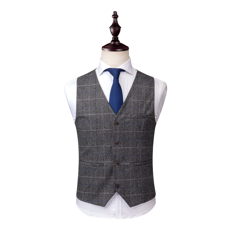 2019 Grey Mens Suits Tweed Wool Check Suits Regular Fit Groom Tuxedos Custom Made Plaid Wedding Tuxedos Formal Dress