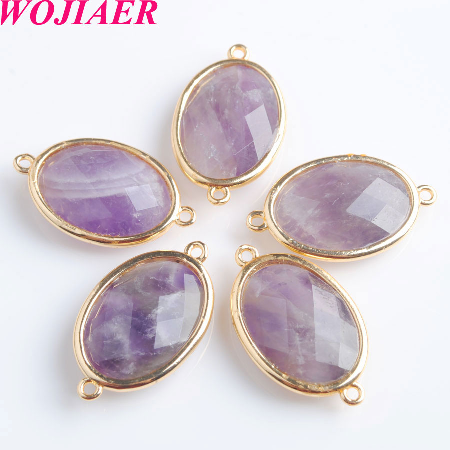 WOJIAER Oval Natural Facted Gem Stone Loose Beads Double Hole Pendant Connector for Female Necklaces Jewelry Making BZ903