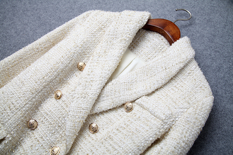 Runway 2019 ner Blazer Women's Double Breasted Metal Button Long Sleeve Notched Collar Jacket Wool Blends Tweed Blazer Coat CJ191201