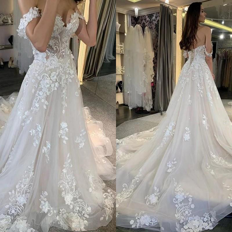 2020 New Off Shoulder Lace Wedding Dresses For Bride Appliques Sweep Train Country Style Bridal Gowns Modern Garden Church Vestidoe