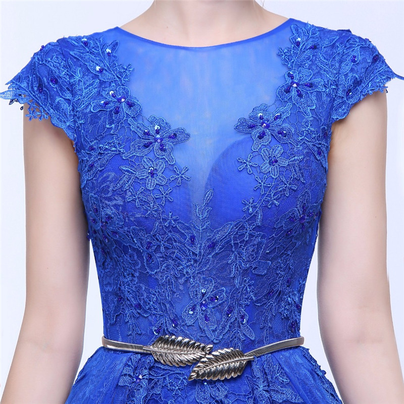 Blue Tulle A-line Prom Dresses With Belt Formal Evening Gowns Cap Sleeves Floor Length Party Dress