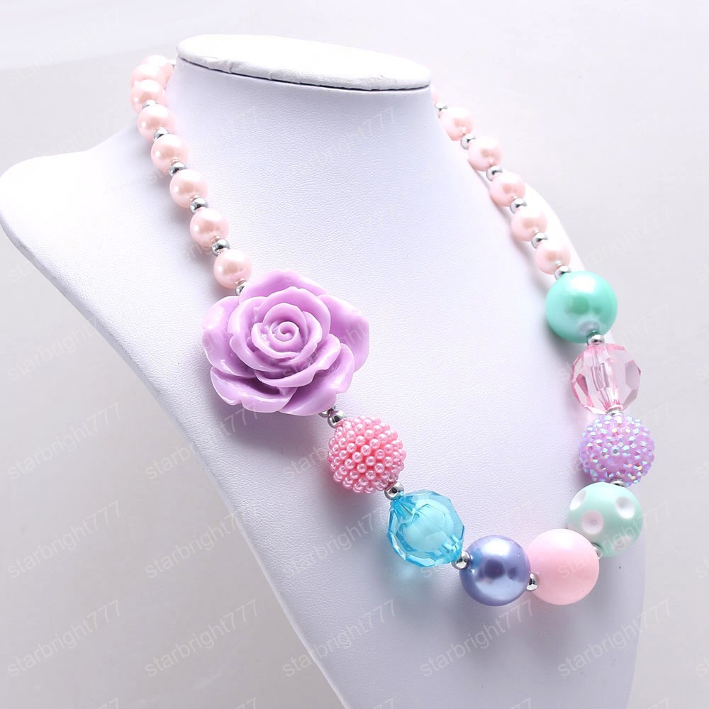 Spring color kids girls chunky beads necklace purple rose flower chunky bubblegum necklace charming jewelry for child