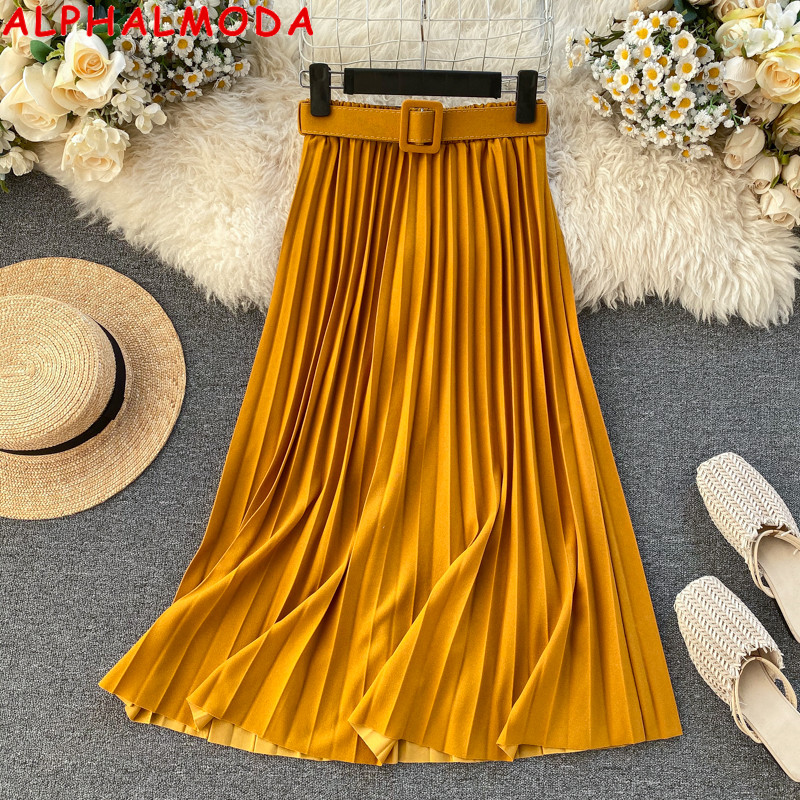 ALPHALMODA 2020 Spring Bright Color Belted Pleated Skirt Elastic High Waist Fashion Women Solid Mid-calf Pleated Skirt, Blue
ALPHALMODA 2020 Spring Bright Color Belted Pleated Skirt Elastic High Waist Fashion Women Solid Mid-calf Pleated Skirt, Blue