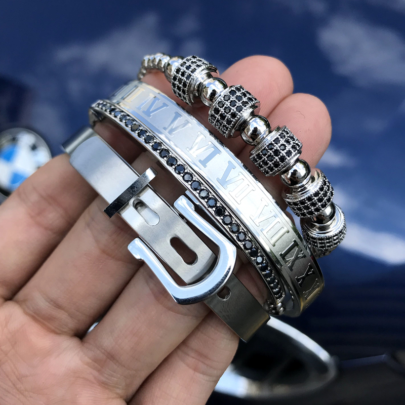 4pcs/Set Hot Men Steel Roman Numeral Bracelet Horseshoe Buckle Bangles Pulseira Bileklik Handmade Jewelry T191230