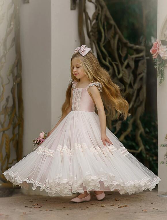 2020 Blush Pink Flower Girl Dresses for Wedding Cheap A Line Spaghetti First Communion Dress Birthday Custom Made Prom Gowns Party Wear
