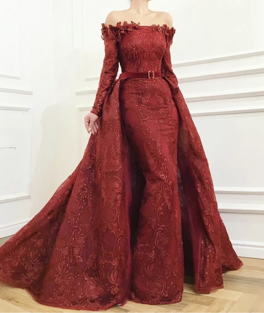 2020 Burgundy Evening Dresses With Detachable Train Lace Appliqued Overskirt Mermaid Prom Dress Long Sleeve Arabic Dubai Formal Gowns