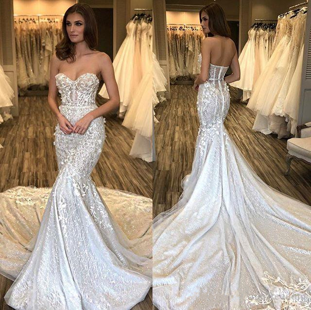 gorgeous mermaid lace wedding dresses sweetheart appliqued backless trumpet bridal gowns beach sweep train wedding dress