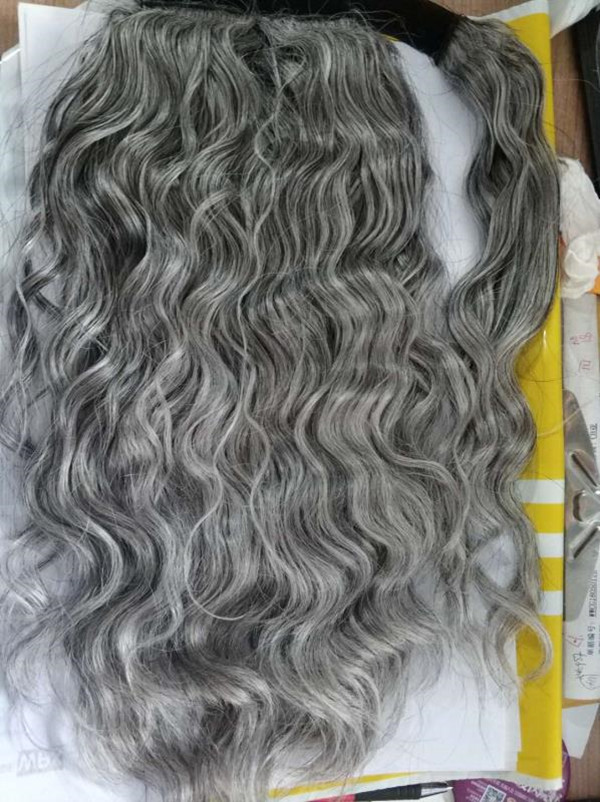 Grey kinky weave ponytail hairpiece european human hair ponytail hair extension silver grey wrap around ponytail hair piece gray puff