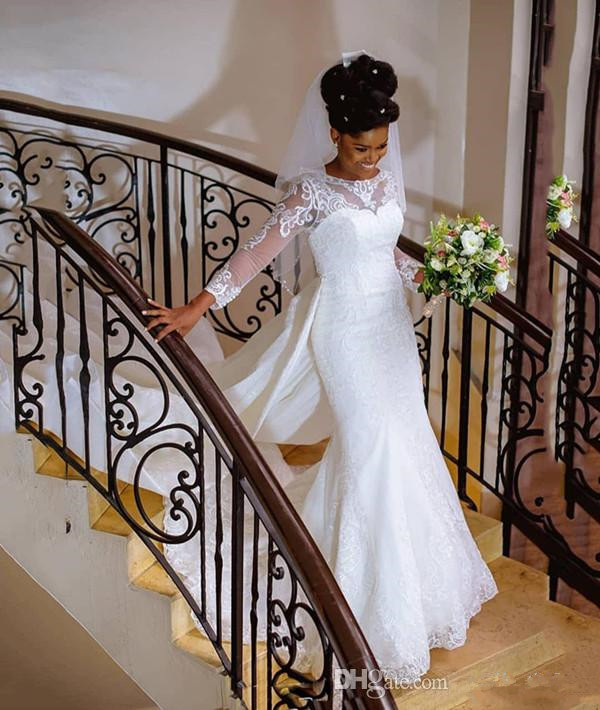 African Sheer Long Sleeves Lace Mermaid Wedding Dresses Mesh Top Applique Over Skirt Court Train Wedding Bridal Gowns Vestidos De Novia
