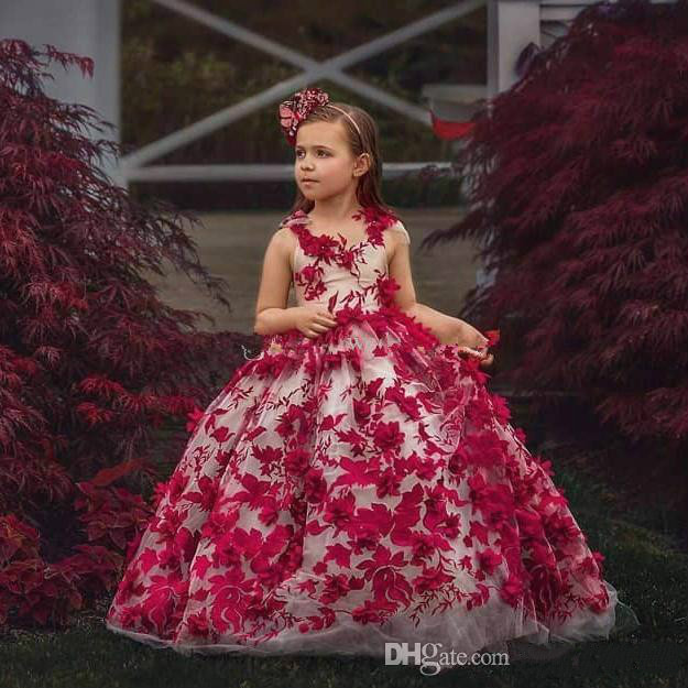 cute ballroom flower girl dresses jewel neck 3d floral appliqued long girl pageant gowns ruffle floor length custom made birthday gown