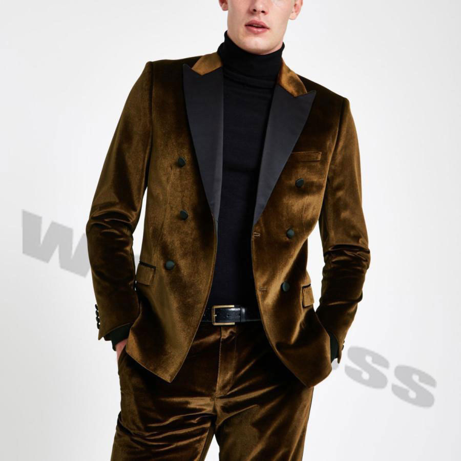Brown Velvet Peaked Lapel Men's Suit Slim Fit Wedding Tuxedo Formal Groom Prom Dinner Leisure Blazer 2 Pieces (Jacket+Pants)