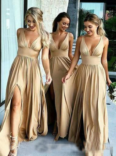Sexy Gold Bridesmaid Dresses A Line V Neck Long Boho country beach Maid of Honor Gowns Plus Size Wedding Guest Wears