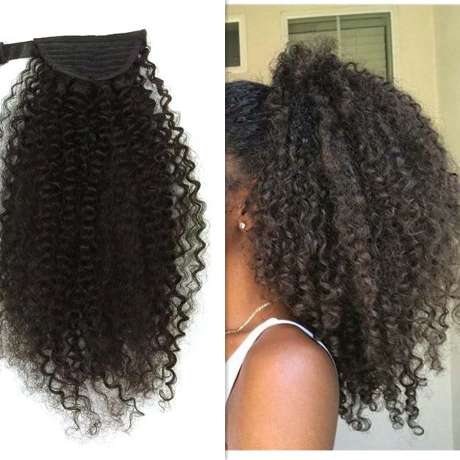 140g African american Afro kinky Ponytail Afro puff kinky curly drawstring ponytail Hairpiece clip human hair extension brown black 16inch
