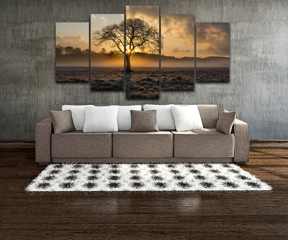 Canvas Painting Vintage Wall Art Frame Printed Pictures 5 Panel Poster Sunrise Tree Landscape Photo For Living Room Decor No Frame