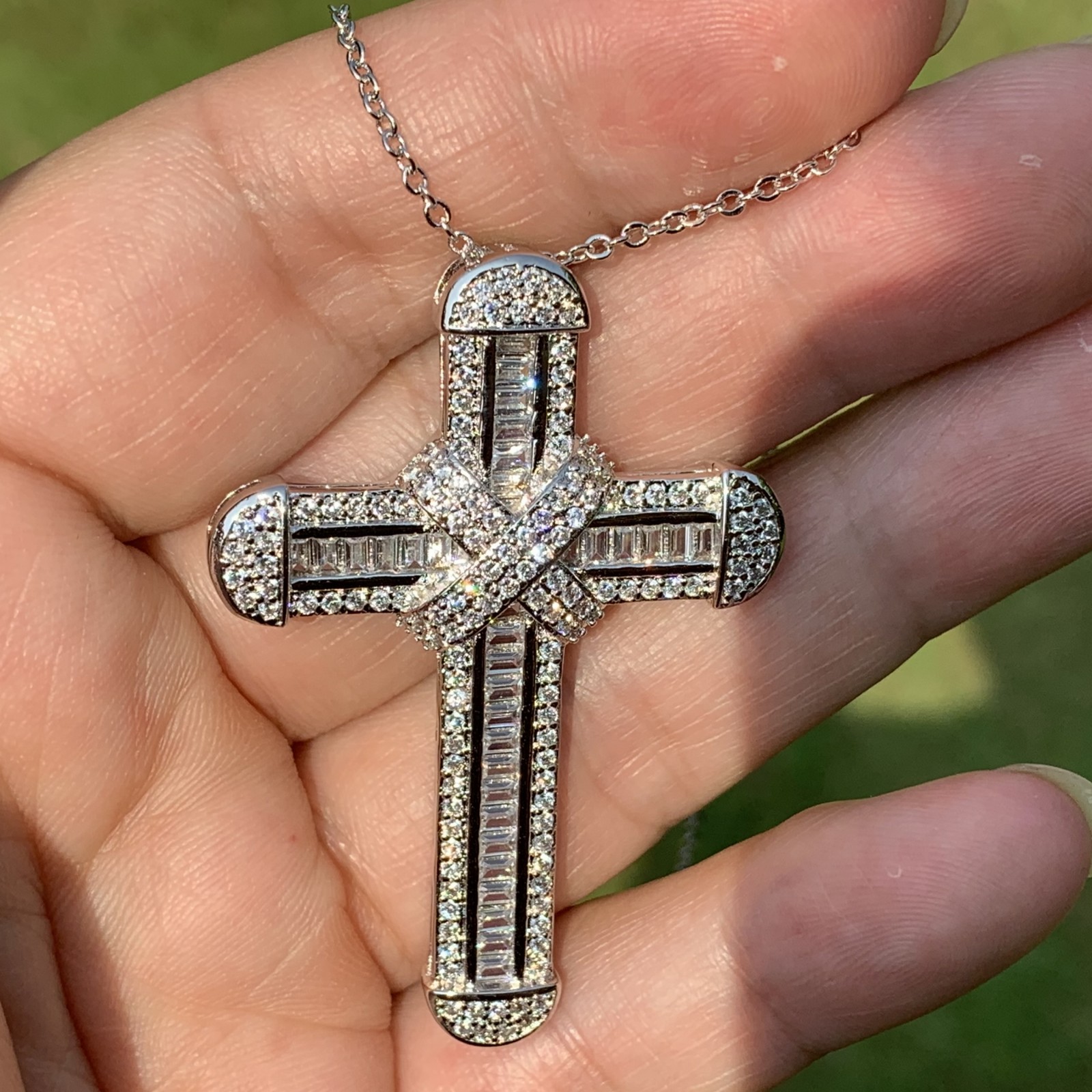 Classical Fashion Jewelry 925 Sterling Silver Pave White Sapphire CZ Diamond Gemstones Eternity Party Women Cross Pendant Wedding Necklace