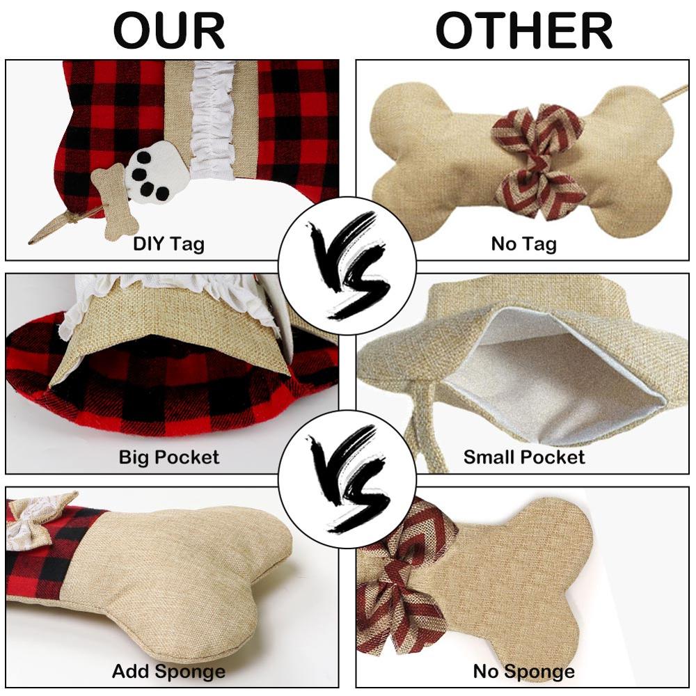 Big Plaid Puppy Dog Christmas Stocking 42cm*26cm Cotton and Burlap Bone Christmas Gift Bags for Dog